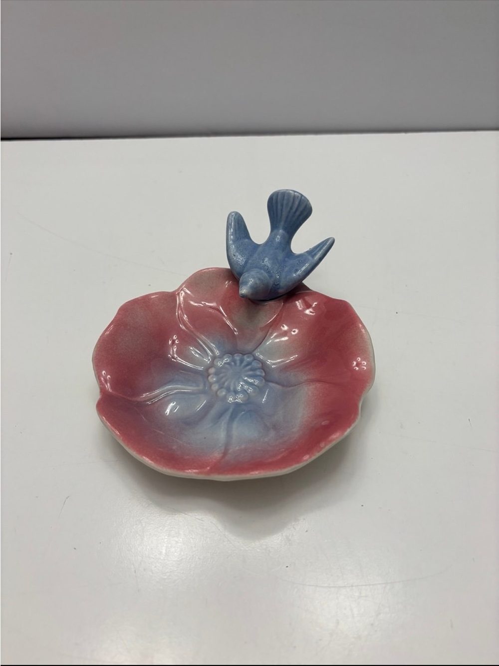 Vintage Royal Copley ceramic pink flower trinket with blue bird figurine